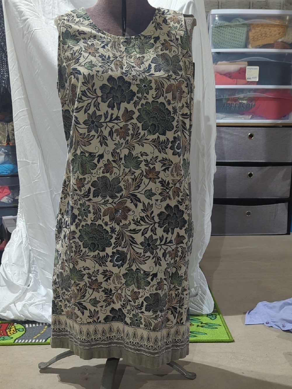 Floral Sleeveless Cotton Tunic Dress in Cream, Green & Black